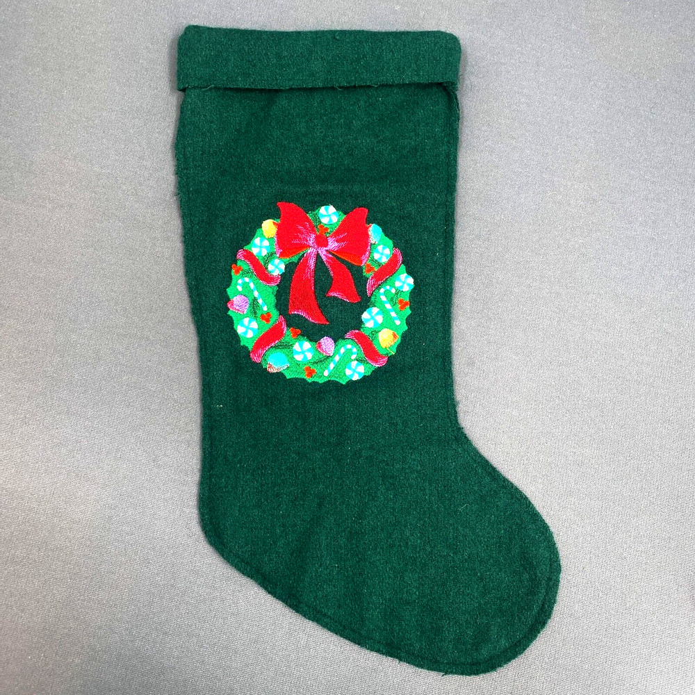 VTG Wool Christmas Stocking Embroidered Wreath Candy Cane Holiday Decor Retro